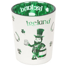 Load image into Gallery viewer, '2 pcs - Lucky Leprechaun Ireland set of 2 glass tea light votive holders' This article has a bicolour tone (white and green) with a lovely design. It is a perfect gift for St. Patrick's day lovers'.      Material: Metallic, Glass     Number in Set: 2     For Use With: Tea Light or Votive Candle     Candle Included: Yes     Dimensions: Height 6.5cm Width 5cm Depth 5cm