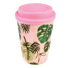 Load image into Gallery viewer, Trendy Tropical Palm Reusable Plastic Travel cup: Pinky and Tropical leaves Design, take it with you in the morning to drink your favourite beverage or keep it in your bag on a trip so you can have your own cool mug!