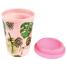 Load image into Gallery viewer, Trendy Tropical Palm Reusable Plastic Travel cup: Pinky and Tropical leaves Design, take it with you in the morning to drink your favourite beverage or keep it in your bag on a trip so you can have your own cool mug!