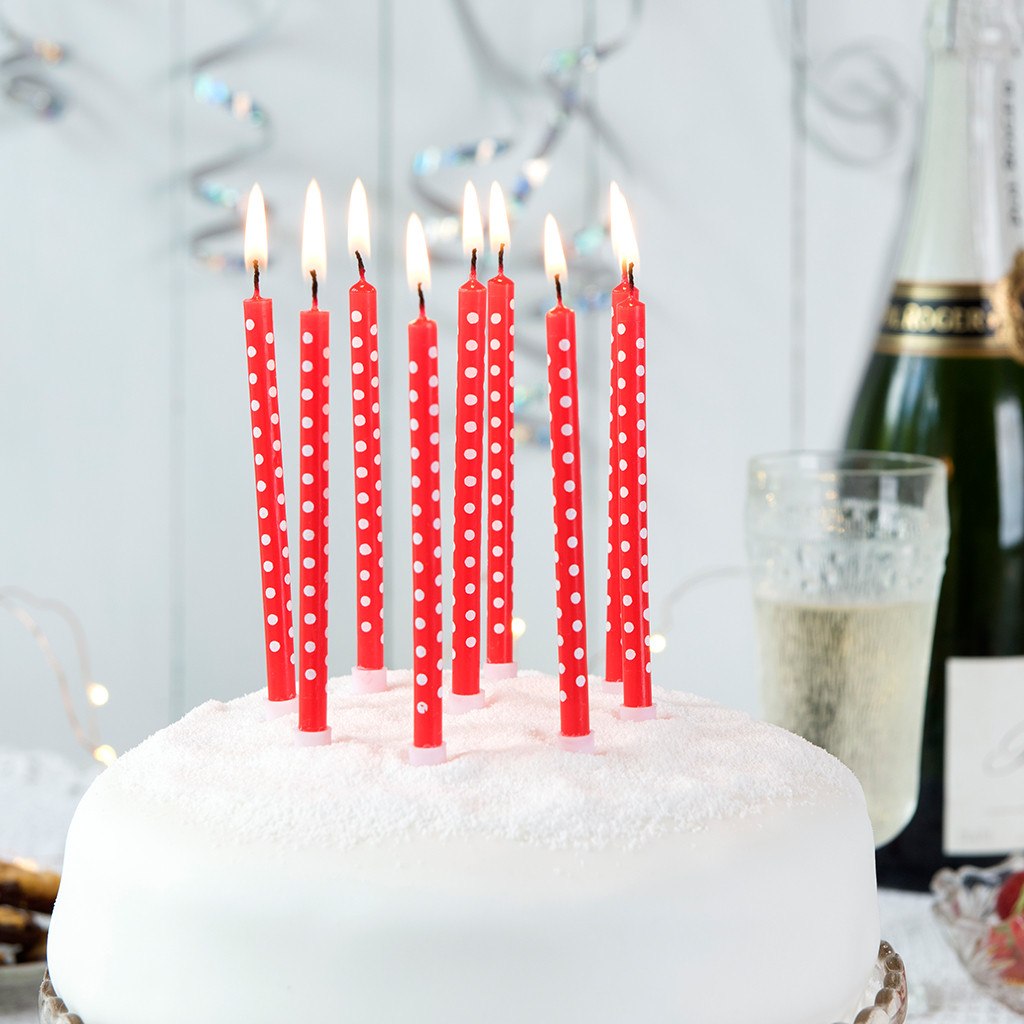 20 pieces - Pop style and loved by everyone, these 20 red candles with lovely white dots are so stylish, they looks great on any cake. Have a great Birthday party! Material: Plastic, Paraffin   Dimensions: Length 13cm 