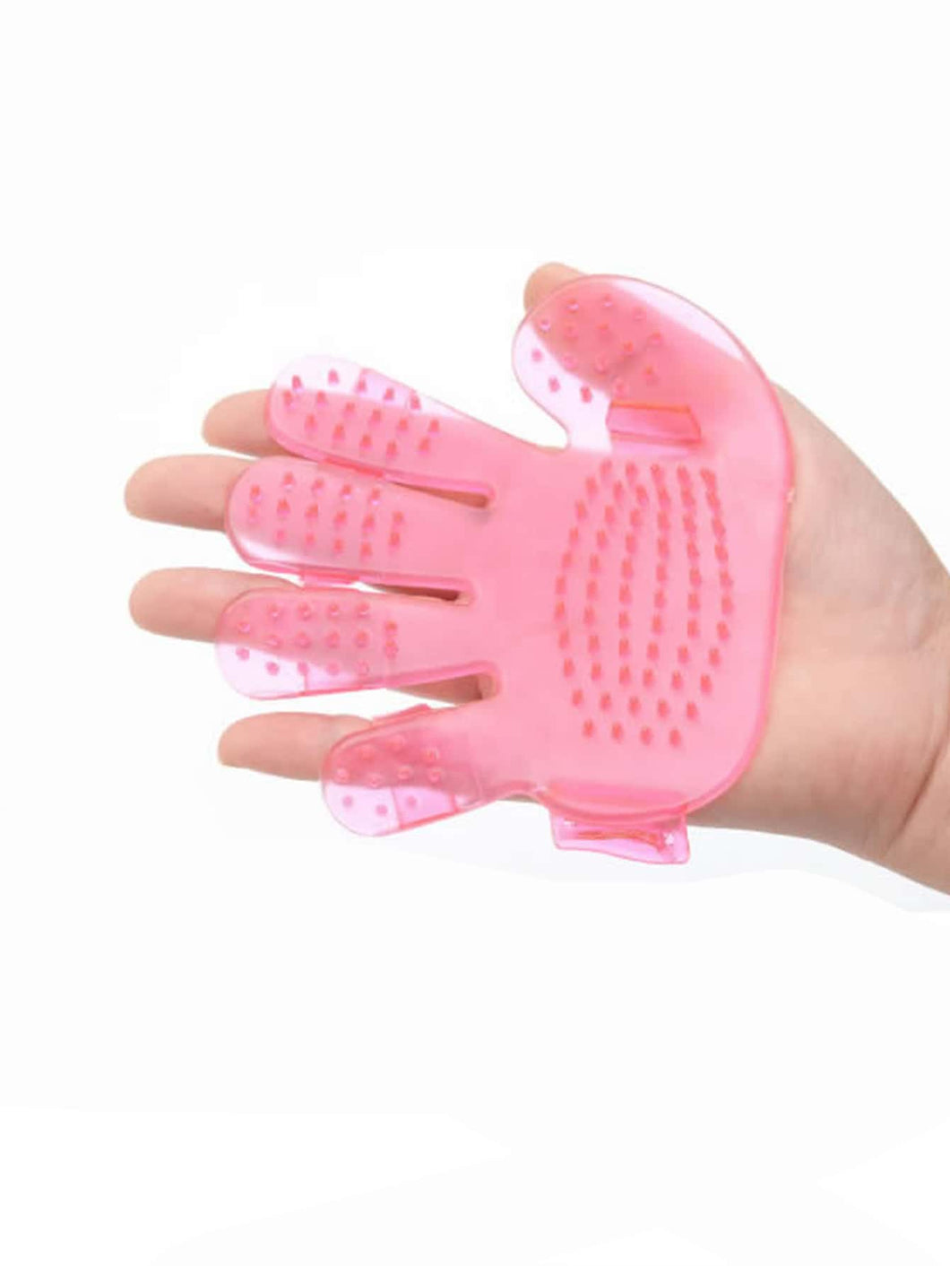 'Dog Grooming Clear Bath Massage Brush' Clear glove brush to pamper your friend pet and remove unwanted hair. Colour: Pink Pattern Type: Plain Material: Rubber Applicable Pet: Cat/Dog