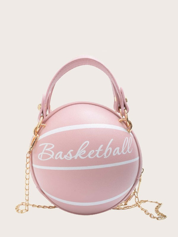 'Letter Graphic Satchel Bag' So stylish this cute and adorable girls accessories. Lovely circle bag, basketball design, pink colour, handy and fashionable! Item loved by the cheerleaders. Perfect present for bag collectors and pink colour lovers!