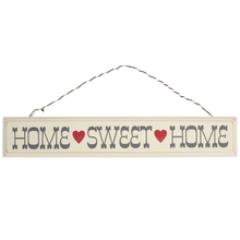 Load image into Gallery viewer, &#39;Rustic Wooden Home Sweet Home Sign&#39; There&#39;s no place like home! Rustic cream wooden wall sign with hearts on a stripey string. Sign reads:  &quot;Home Sweet Home.&quot; Hang it on the wall of your home (in the kitchen or the dining room, for example), your guests will love it! Adorable home decor item and gift idea.
