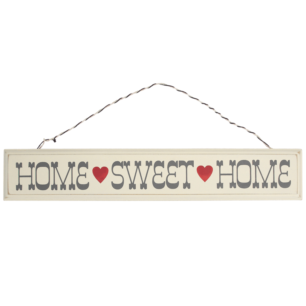 'Rustic Wooden Home Sweet Home Sign' There's no place like home! Rustic cream wooden wall sign with hearts on a stripey string. Sign reads:  