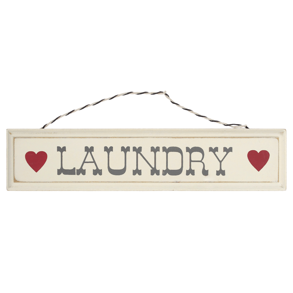 'Rustic Wooden Laundry Sign' This lovely rustic cream wooden laundry wall sign with hearts on a stripey string is perfect for decorating utility spaces or hanging above a laundry basket.      Origin: shabby chic shop     Condition: new     Material: Wood, Card String     Dimensions: Length 22 cm Height 5 cm     Gift box included