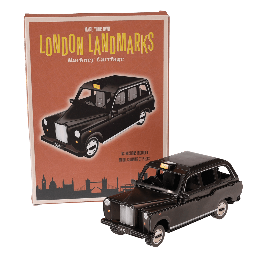 Make your own iconic London taxi with this cardboard craft kit! It comes with 37 pieces and instructions to help build the model. Model measurements are as follows:      Dimensions: Width 7cm Height 7cm Length 18cm     Material: Paper     Gift idea. British Souvenir. London Landmarks collection 3D toys.