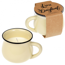 Load image into Gallery viewer, &#39;2 pcs / Set of 2  gorgeous lime and bay-leaf scented candles, presented in an ivory ceramic mug. This stylish candle will fit right in to your kitchen or living room - plus it smells great too. When the candles are all burned out, carefully remove any residue and wash the cups thoroughly, ready to drink your favourite drink!&#39;&#39;      Approx. burn time: 30 hours     Also available in blue and mint green.     Material: Card, Ceramic, Palm Wax
