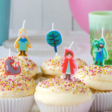 Load image into Gallery viewer, Lovely Red Riding Hood fairy tale candles to make birthday cakes or sweets extra special. Each candle measures approx. 8cm including stick. Characters featured: Red Riding Hood, The Wolf, Grandma, Scenic Tree and the The Huntsman. 3 packs (15 candles totally) Dimensions: Length: 11 cm 
