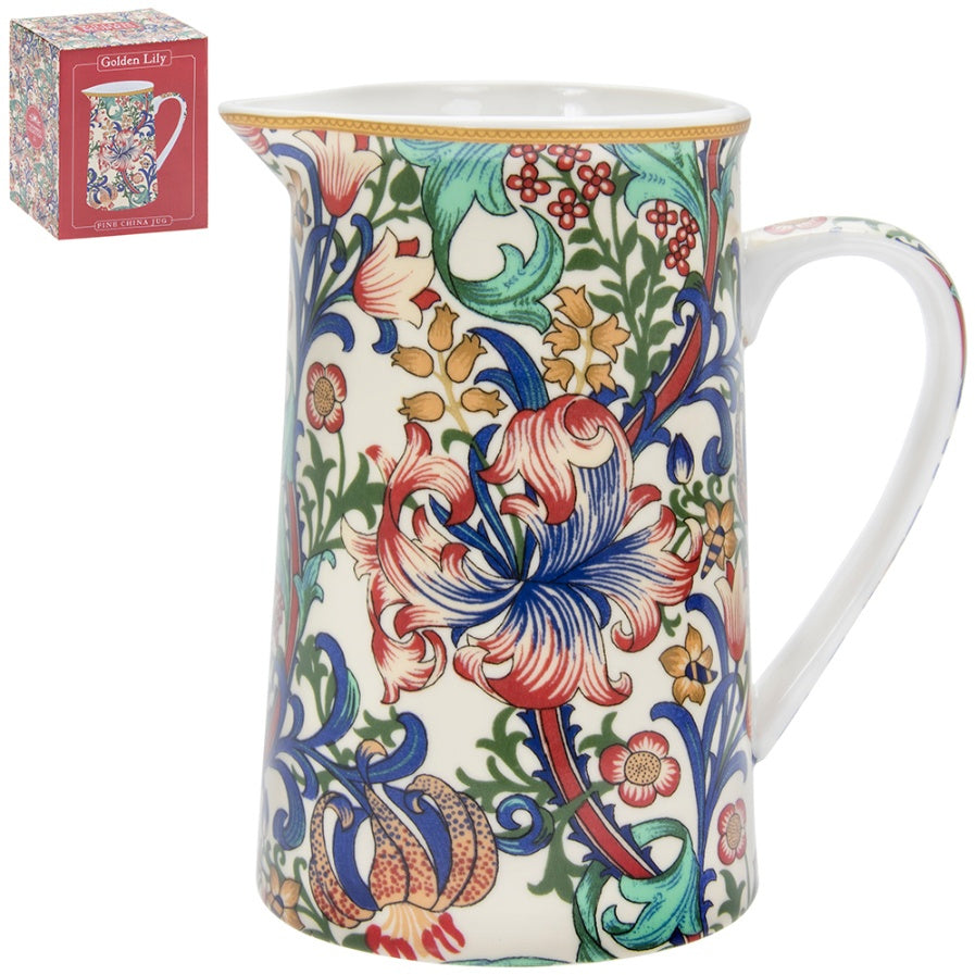 This floral mini jug is made up of reds, blues and green tones. The English jug will add an elegant touch to any kitchen side space! It can be used also as a decorative item and flowers holder.      Material: fine porcelain      Jug measures: Height 14 cm x Diameter 9 cm (the base) - Diameter 7.5 cm (the top) Weighs: 376 gr.       1 pint (16 fluid oz) capacity      Dishwasher safe & microwave safe      Similar items available (Mugs)