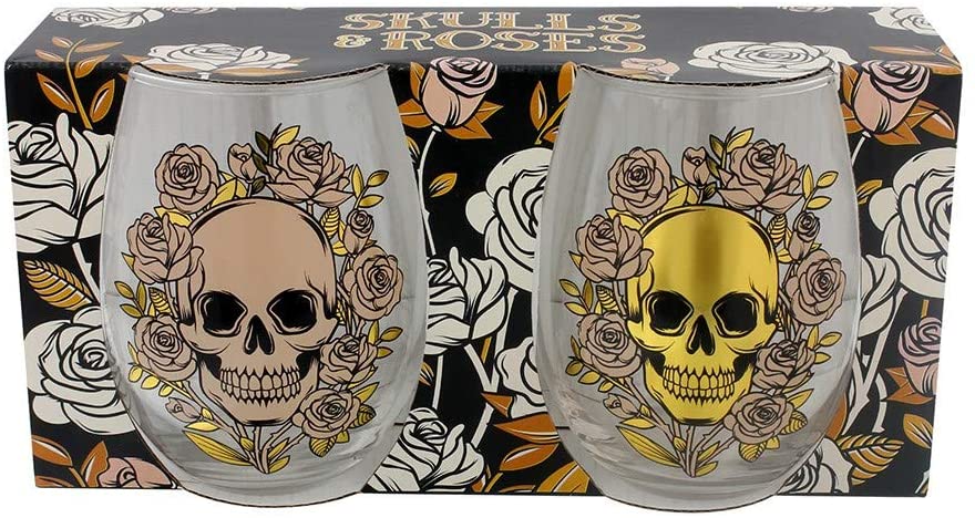 stylish and spooky glasses - each with a capacity of 500 ml approx - is an ideal size for any kind of drinks (wine, juice, cocktails or a large gin & tonic with botanicals). Featuring a skulls and roses decoration (mexican style), one glass is decorated in a matt peach colour and the other with a shiny gold colour. The item comes inside a gift box to make a great gift. Home decor item / romantic gothic table decor / Halloween / day of the dead gift idea