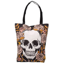 Load image into Gallery viewer, Romantic Chic Gothic Noir Skull and Roses Cotton Bag Shopper with Zip and Lining. Stylish Halloween gift idea. Mexican floral design. The Item comes in a gift bag. Material: 80% Cotton, 20% Polyester Dimensions: Height 39cm Width 37cm Depth 9.5cm  Product Information: Lining colour may vary from image shown. Reusable: Yes
