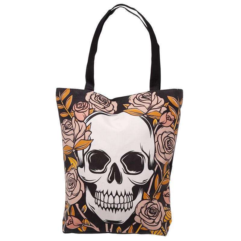Romantic Chic Gothic Noir Skull and Roses Cotton Bag Shopper with Zip and Lining. Stylish Halloween gift idea. Mexican floral design. The Item comes in a gift bag. Material: 80% Cotton, 20% Polyester Dimensions: Height 39cm Width 37cm Depth 9.5cm  Product Information: Lining colour may vary from image shown. Reusable: Yes