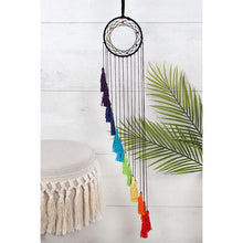 Load image into Gallery viewer, Beautiful small circular multicolour dreamcatcher with long hanging tassels. Created in the rainbow colours of the chakra. Tassels are tiered in length. This chakra dreamcatcher is a great gift idea for those who use reiki or practice yoga to help enhance their spiritual and physical wellness. Size: Heiht:80cm Width:12cm Diameter:12cm Weight: 35g Home decor item and gift idea
