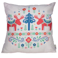 Load image into Gallery viewer, Gorgeous and comfortable Scandinavian style Christmas Winter cushion with flowers and colorful reindeer. Home decoration item, elegant gift idea.      Material: Polyester     Cushion Insert Included: Yes     Dimensions: Height 43cm Width 43cm Depth 11cm Cover 45x45cm Pad 50x49x10cm 
