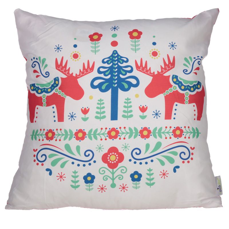 Gorgeous and comfortable Scandinavian style Christmas Winter cushion with flowers and colorful reindeer. Home decoration item, elegant gift idea.      Material: Polyester     Cushion Insert Included: Yes     Dimensions: Height 43cm Width 43cm Depth 11cm Cover 45x45cm Pad 50x49x10cm 