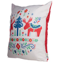 Load image into Gallery viewer, Gorgeous and comfortable Scandinavian style Christmas Winter cushion with flowers and colorful reindeer. Home decoration item, elegant gift idea.      Material: Polyester     Cushion Insert Included: Yes     Dimensions: Height 43cm Width 43cm Depth 11cm Cover 45x45cm Pad 50x49x10cm 
