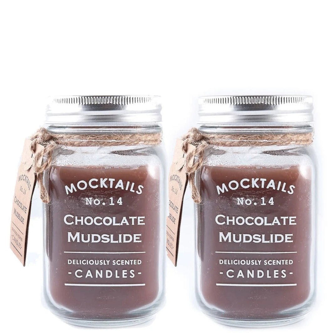 'This set of 2 chocolate mudslide scented candles arrive in lovely glass jars with screw-top metal lids, with brown parcel gift tags and string. They have a smooth, sweet scent that will remind you of the real chocolate (the product is not edible). When the candle burned , enjoy the items as a glass! If you like, this set of 2 means you can give one as a gift and treat yourself to one too!'