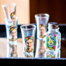 Load image into Gallery viewer, Beautiful and colourful Mexican style tequila shoots glasses Frida Kahlo Design. Slammer set with drinks glasses and salt shaker. Lovely gift idea and home decor items.  Art, Latin culture, flowers, cult, exotic. Fragile. Dimensions 5.50cm (L) x 6.00cm (W) x 5.00cm (D).
