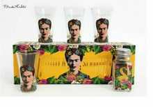 Load image into Gallery viewer, Beautiful and colourful Mexican style tequila shoots glasses Frida Kahlo Design. Slammer set with drinks glasses and salt shaker. Lovely gift idea and home decor items.  Art, Latin culture, flowers, cult, exotic. Fragile. Dimensions 5.50cm (L) x 6.00cm (W) x 5.00cm (D).
