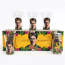 Load image into Gallery viewer, Beautiful and colourful Mexican style tequila shoots glasses Frida Kahlo Design. Slammer set with drinks glasses and salt shaker. Lovely gift idea and home decor items.  Art, Latin culture, flowers, cult, exotic. Fragile. Dimensions 5.50cm (L) x 6.00cm (W) x 5.00cm (D).
