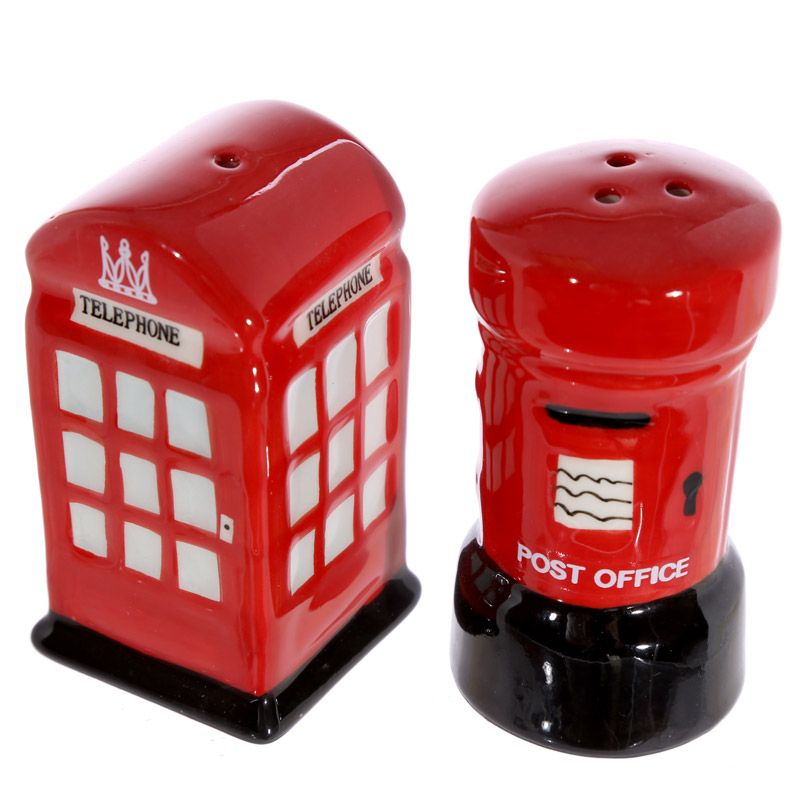 Adorable red ceramic Salt & Pepper Set: Mail & Telephone Boxes. Make your house British with this lovely London souvenir!      Origin: Londoner Souvenir Shop     Condition: new, last available     Material: Ceramic     Designer: Ted Smith     Food Safe: Yes     Dishwasher Safe: No     Microwave Safe: No     Dimensions: Height 7.5 cm
