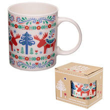 Load image into Gallery viewer, Gorgeous porcelain Scandinavian style Christmas Winter mug cosy cup  with flowers and colorful reindeer. Home decoration item, elegant gift idea.      Material: Porcelain     Food Safe: Yes     Microwave Safe: Yes     Dishwasher Safe: Yes     Volume: 300ml     Dimensions: Height 9cm Width 11.5cm Depth 8cm 
