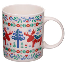 Load image into Gallery viewer, Gorgeous porcelain Scandinavian style Christmas Winter mug cosy cup  with flowers and colorful reindeer. Home decoration item, elegant gift idea.      Material: Porcelain     Food Safe: Yes     Microwave Safe: Yes     Dishwasher Safe: Yes     Volume: 300ml     Dimensions: Height 9cm Width 11.5cm Depth 8cm 
