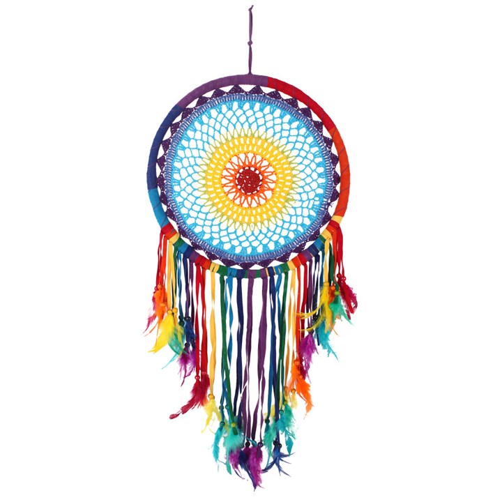 'Native American Multicolour Feather Dreamcatcher' This large dreamcatcher is impressive. Brightly coloured and finished with feathers, it is a real statement piece.  Size: Height100cm X Width 40cm X Diameter 2cm, Weight: 218g Rainbow design, Bohemian Home Decoration item and unique boho gift idea Dreams, Meditation, Relax, Positive vibes, Nature & Spiritualism