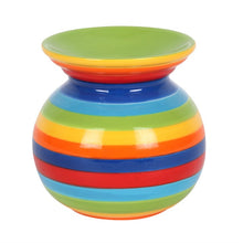 Load image into Gallery viewer, COLOURFUL RAINBOW STRIPE OIL BURNER - This ceramic oil burner with vibrant rainbow stripes can be used with both fragrance oils and wax melts to fragrance the home. Home decor item and cool gift idea. Colour: Multicolour Material: Ceramic Dimensions: H10.5cm X W10cm X D10cm Weight 342g
