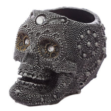 Load image into Gallery viewer, 2 romantic gothic noir style Silver Beaded Skull Head Tea Light Holders. Home decor item and Halloween gift idea (Mexican design - day of the dead skulls). Material: Resin Candle Type: Tea Light Candle Included: No Dimensions: Height 6cm Width 5.5cm Depth 8cm  Scented Tealight Candles included
