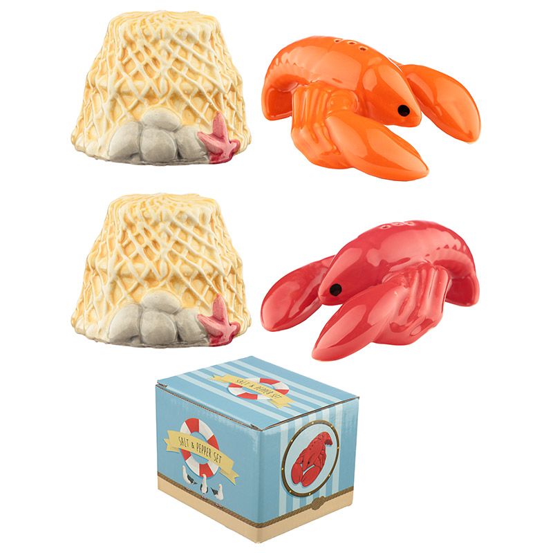 1 pair of Lobster and Lobster Pot Ceramic Salt and Pepper Set. Part of the summertime kitchenware collection, lovely table decor item and gift idea. Put it at the table during a lunch at sea, your guests will love it!      Material: Ceramic     Dimensions: Height 4.5cm Width 6-9cm Depth 6-11cm Weight: 0.250Kg     Food Safe: Yes     Dishwasher Safe: No     Microwave Safe: No     Decorative Use Only: Yes     The items come in a gift box