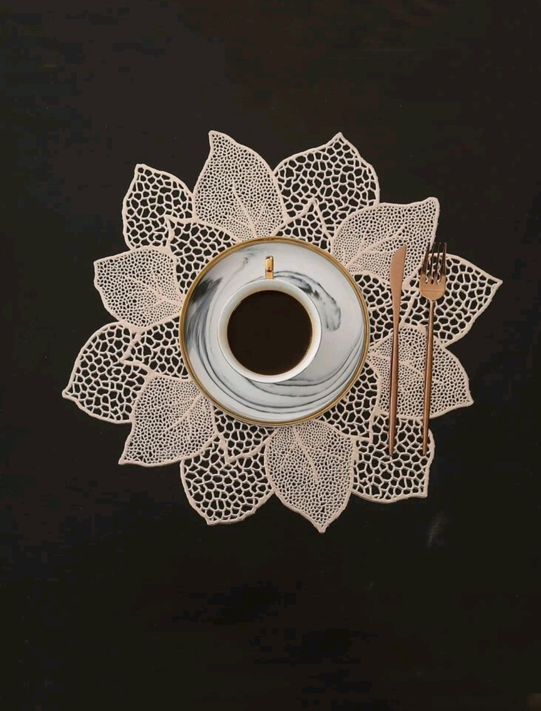 '2 pieces - Stylish Leaf and Lotus Shaped Hollow Placemats' a table accessory to decorate the tables of beautiful and charming houses!      Colour: Gold & Champagne     Pattern Type: Floral     Type: Placemat     Material: PVC/ Plastic 