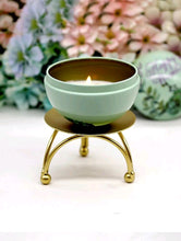 Load image into Gallery viewer, &#39;Cute gold metal candle holder and 1 light blue soya scented candle in a pot&#39;. This adorable candle is made by flowery wax and comes in a decorated tin box which will rest on the elegant candle stand. Candle set handy and very posh! Lovely gift idea and home decor item, perfect present for candle lovers!      Handmade soy wax natural style home decoration     Color: Gold and light blue     Composition: 100% Iron     Size: Height : 4.5 cm/1.8cm Diameter : 7 cm/2.8cm
