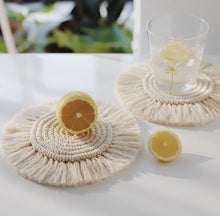 Load image into Gallery viewer, &#39;2 pcs - Modern Macrame Cream Coasters - These coasters in Arabic style, created with knotting techniques, will give an oriental atmosphere to any environment (kitchen table, bedside table, sitting room or office desk). These textiles can be used as a multifunctional mats, making your home tables very trendy!&#39;      Soft fabric: Cotton rope     Colour: Cream     Size: (x 15.5 x 5) cm; Weight: 218 gr.

