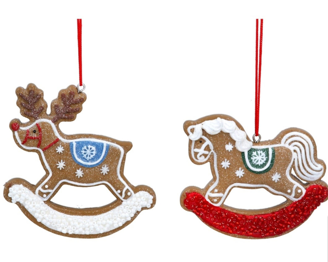 Set of 2 Resin Christmas Tree Decorations 7cm - Iced Gingerbread Rocking Toys (reindeer and horse). Festive Baubles Colourful Collection. Lovely ornaments/pendants home decor items and lovely gift ideas. Dimensions 7x7x1cm Product Weight 33 g Composition 100% Resin