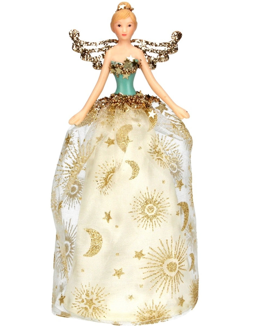 Goldy is a lovely Christmas fairy who will make your Christmas decorations very elegant and unique. Place Goldy on the top of the Christmas tree. Your guests will love her! Lovely home decor item and festive gift idea.      XMAS Tree Top Angel 1 8cm - Cream/Gold Celestial, festive decoration     Dimensions (18x8x8cm)     Composition 40% Polyester, 40% Resin, 20% Acrylic