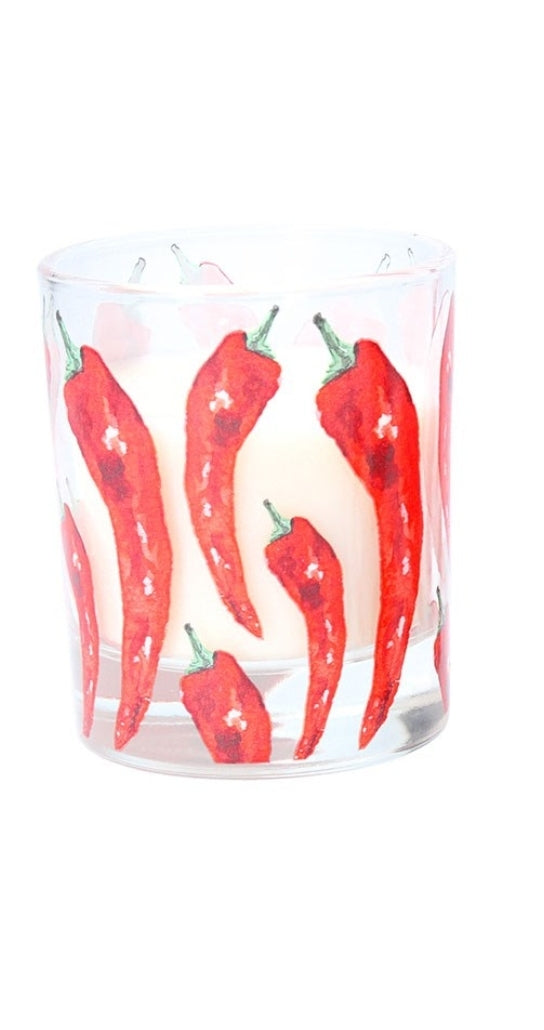 A beautifully presented scented candle, wonderfully illustrated red hot chilli. Great gift for lovers of spice and candle collectors! Give a strong tone of colour and scent of spicy orange chilli to your home!   Scent: Orange & Chilli seed Dimensions 8.5x9.5x8.5cm Product Weight 536 g Composition: 45% Glass 45% Paraffin Wax 10% Paper Burn Time : 20Hrs Use it with caution (never leave a candle lit without supervision - keep away from children)! 