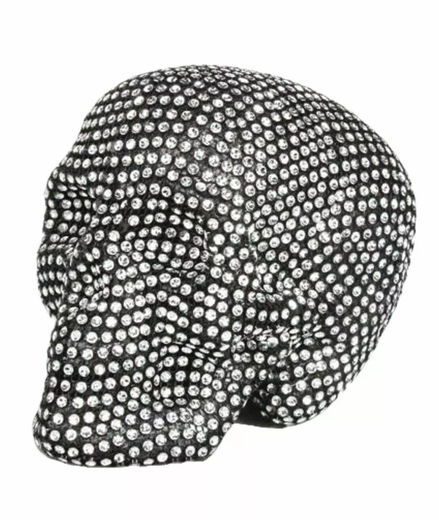 Beautiful elegant romantic gothic antique style black spooky Halloween skull with glitter. Unusual gift idea, home decor item. Mexican Day of the Dead table setting-night noir decor. The item arrives in a gift box. Black Fabric/Diamante Skull Ornament light weight, 16cm
