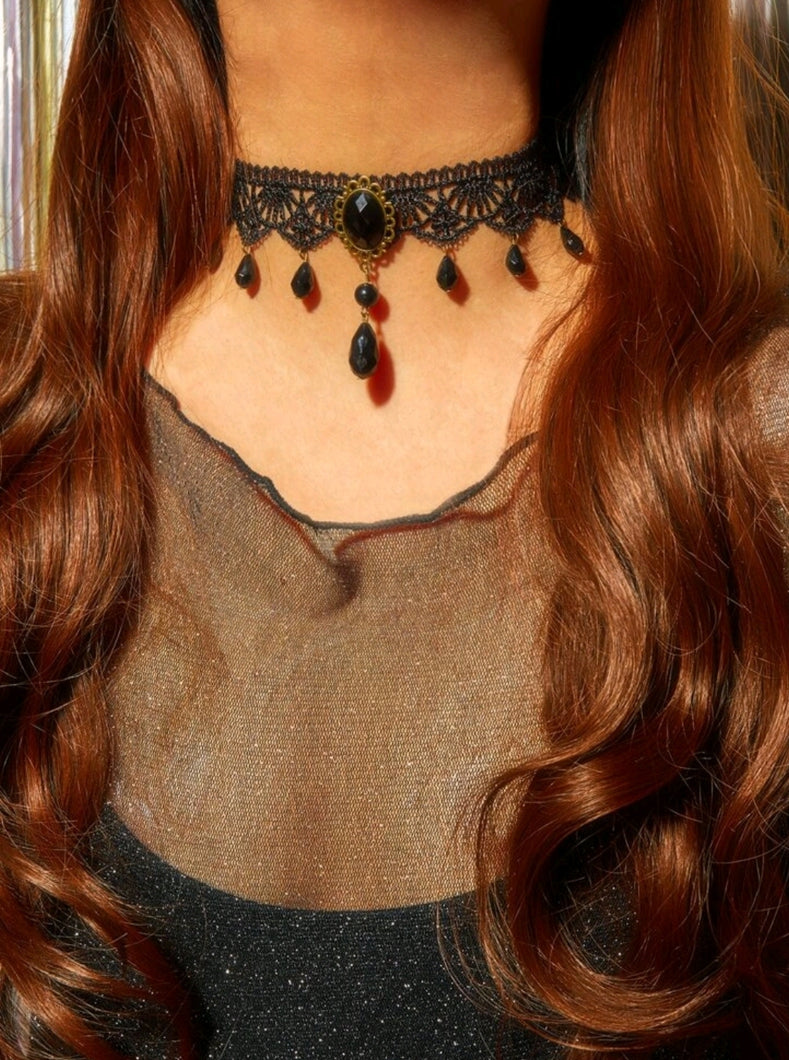 '1 Gemstone Decor Braided Choker' Unique vampire noir dark romantic style necklace. Accessories and gift idea. Last piece! Details: Gemstone Composition: 80% Lace, 20% Plastic Type: Chokers Colour: Black Style: Casual Glamorous Metal Colour: Gold Size: Length 42-47cm OR 16.5-18.5inch