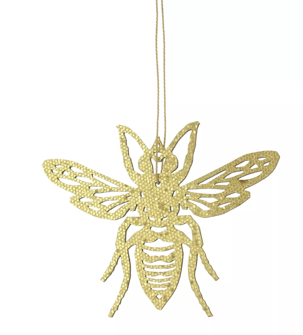 Lovely couple of the Gold Bee Hanging Decoration 12 cm Laser Cut. 2 pieces. Home decor item and gift idea.      Glitter fantasy     Royal Animal design     Gift Summer/Xmas decorations     Garden accessories     Bee lovers collection