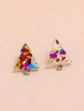 Load image into Gallery viewer,  Christmas Tree Design Stud Earrings - Pair of Christmas coloured simil resin glitter earrings in the shape of a Christmas tree! Unisex festive accessory. Glamorous funny gift idea.      Material: Acrylic     Color: Multicolour     Type: Stud     Style: Boho     Size: Eardrop Height 1.8 (0.7 inch) X Eardrop Width 1.6 cm (0.6 inch)
