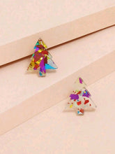 Load image into Gallery viewer,  Christmas Tree Design Stud Earrings - Pair of Christmas coloured simil resin glitter earrings in the shape of a Christmas tree! Unisex festive accessory. Glamorous funny gift idea.      Material: Acrylic     Color: Multicolour     Type: Stud     Style: Boho     Size: Eardrop Height 1.8 (0.7 inch) X Eardrop Width 1.6 cm (0.6 inch)
