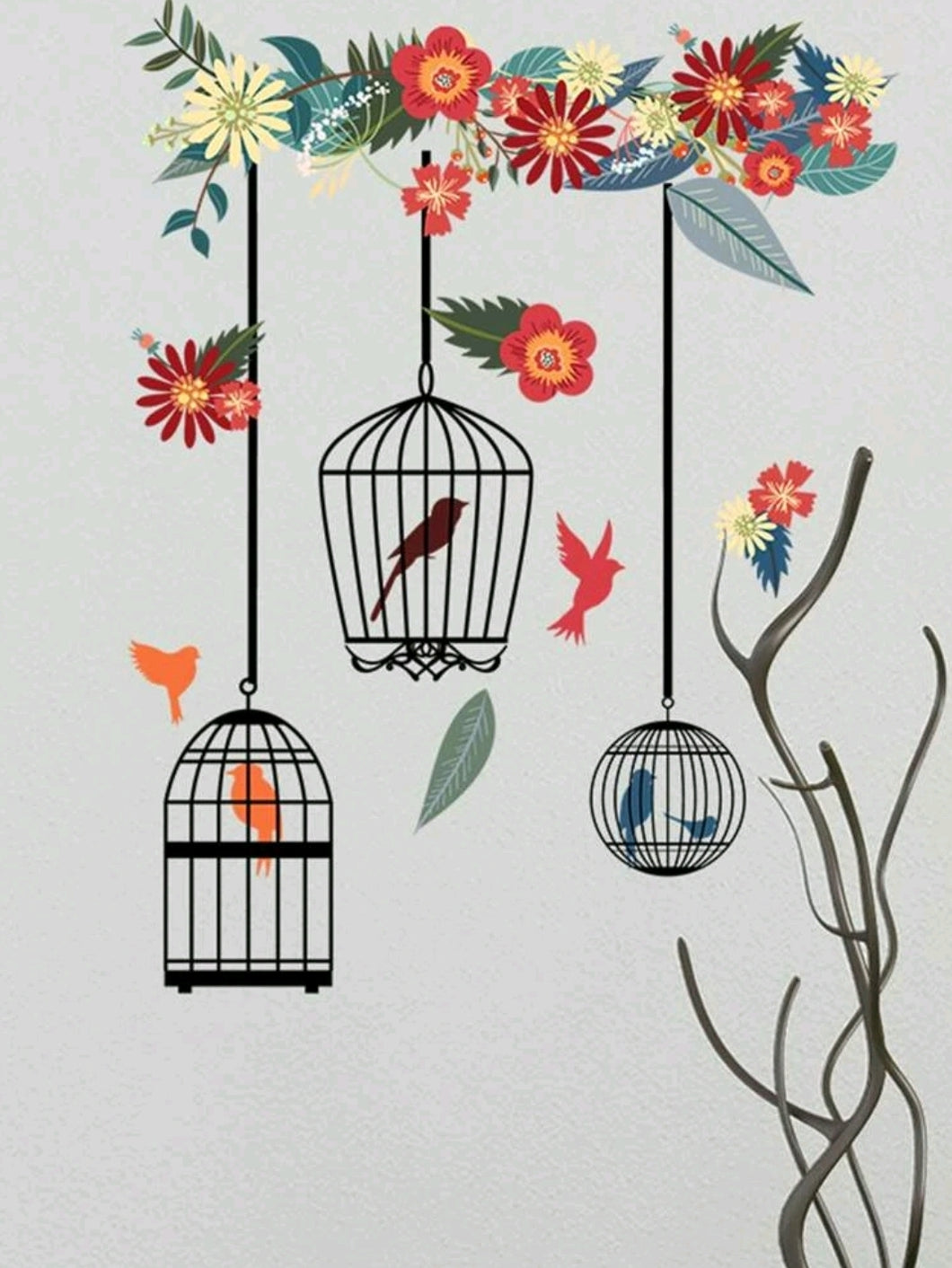  'Beautify any wall with these beautiful floral stickers in spring theme. With a colourful bird cages design, these stickers will make any environment more very trendy and joyful'.      Type: Wall Stickers     Room: Living Room, Bedroom     Colour: Multicolour     Pattern Type: Floral     Composition: 100% PVC     Material: PVC     Size: Length 58 cm (22.8 inch) X Width 32 cm (12.6 inch)