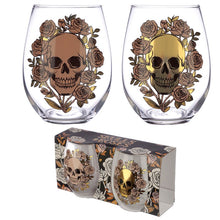 Load image into Gallery viewer, stylish and spooky glasses - each with a capacity of 500 ml approx - is an ideal size for any kind of drinks (wine, juice, cocktails or a large gin &amp; tonic with botanicals). Featuring a skulls and roses decoration (mexican style), one glass is decorated in a matt peach colour and the other with a shiny gold colour. The item comes inside a gift box to make a great gift. Home decor item / romantic gothic table decor / Halloween / day of the dead gift idea
