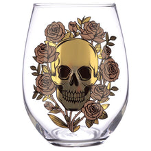 Load image into Gallery viewer, stylish and spooky glasses - each with a capacity of 500 ml approx - is an ideal size for any kind of drinks (wine, juice, cocktails or a large gin &amp; tonic with botanicals). Featuring a skulls and roses decoration (mexican style), one glass is decorated in a matt peach colour and the other with a shiny gold colour. The item comes inside a gift box to make a great gift. Home decor item / romantic gothic table decor / Halloween / day of the dead gift idea
