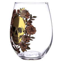 Load image into Gallery viewer, stylish and spooky glasses - each with a capacity of 500 ml approx - is an ideal size for any kind of drinks (wine, juice, cocktails or a large gin &amp; tonic with botanicals). Featuring a skulls and roses decoration (mexican style), one glass is decorated in a matt peach colour and the other with a shiny gold colour. The item comes inside a gift box to make a great gift. Home decor item / romantic gothic table decor / Halloween / day of the dead gift idea
