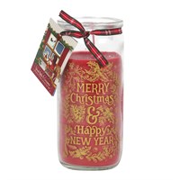 Last item: '14cm Spiced Apple and Cinnamon Christmas Pillar'  Material: Glass & Wax  Red and Gold  Scented  Home decor and gift idea