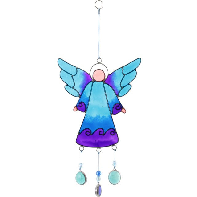 'Blue Angel Hanging Festive Decoration dream catcher' - This lovely Angel is usually used as dream and sun catcher, hung in the room, near the windows as a good omen.  The coloured droplets give the item an oriental style. Place it in a sunny environment to catch the sun's rays or in a bedroom, it will reflect the light creating a fantastic atmosphere. This product is ethically sourced. Home decor item and Christmas gift idea.