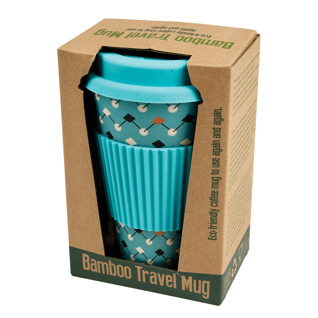 This eco-friendly travel mug comes in a bold Atomic Blue design, and is made from bamboo fibre. Complete with a silicone lid and sleeve to prevent spillages and protect hands.
