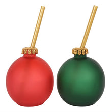 Load image into Gallery viewer, &#39;Set of 2 Bauble Glasses&#39; - This set of festive glass like bubbles is sure to make Christmas even more merry! The set contains one red and one green frosted glass baubles with a reusable gold coloured plastic straw. The baubles come packaged in a gift box tied with twine.      Drinkware Christmas balls, home decor, gift idea     Gift Box Dimensions: H:9cm W:18cm D:11cm
